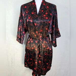 Veami Whimsigoth Black Red Floral Satin Kimono Style Robe With Belt Wm Size M